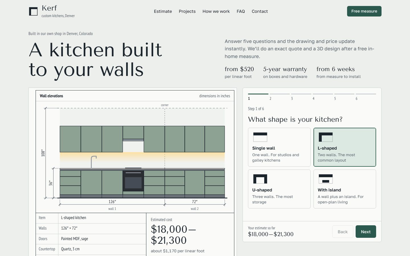 Kerf estimate screen: an L-shaped kitchen elevation with dimensions in inches beside a six-step quiz